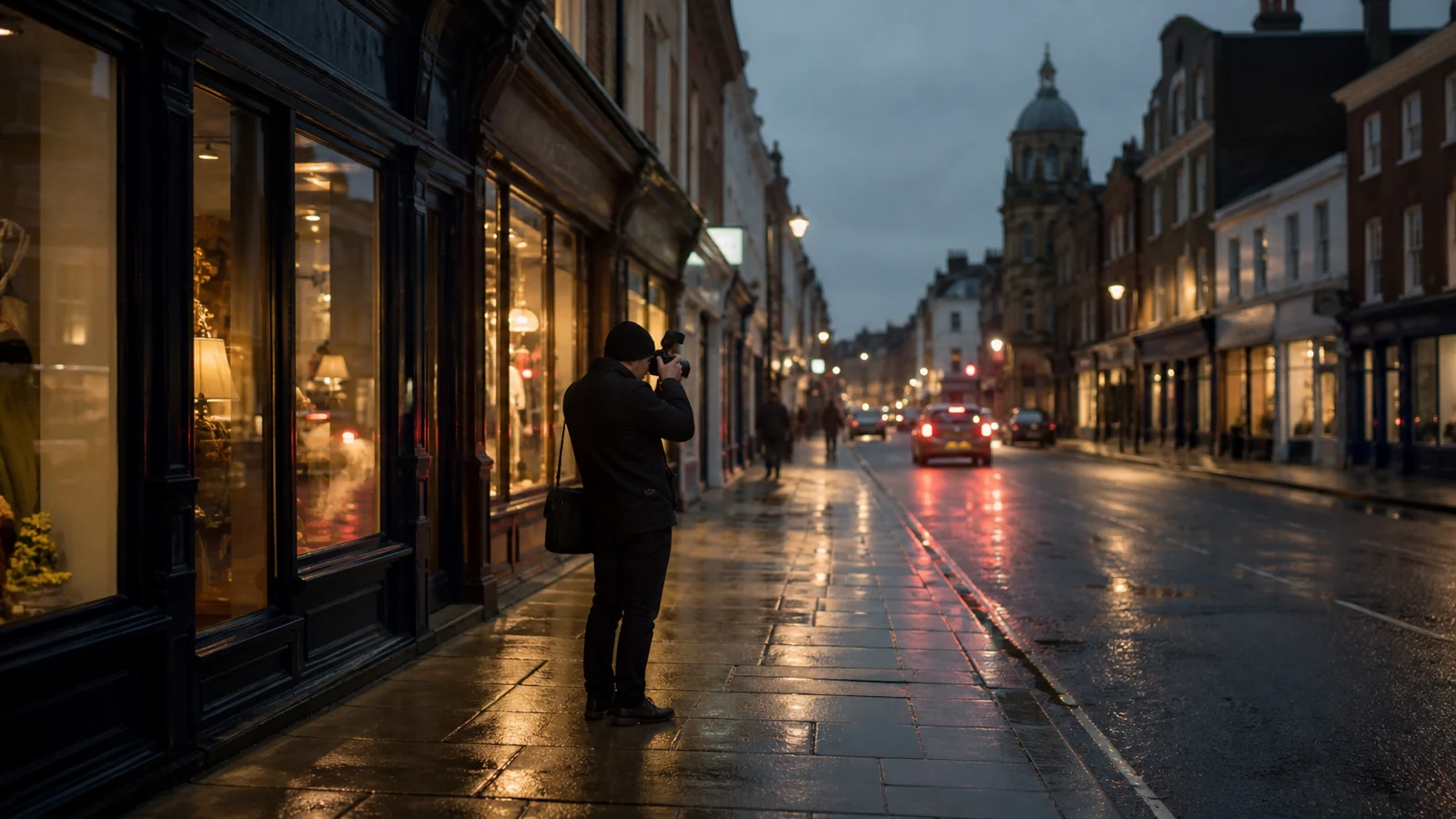 Street photographer using a small discreet flash on a compact camera in the UK