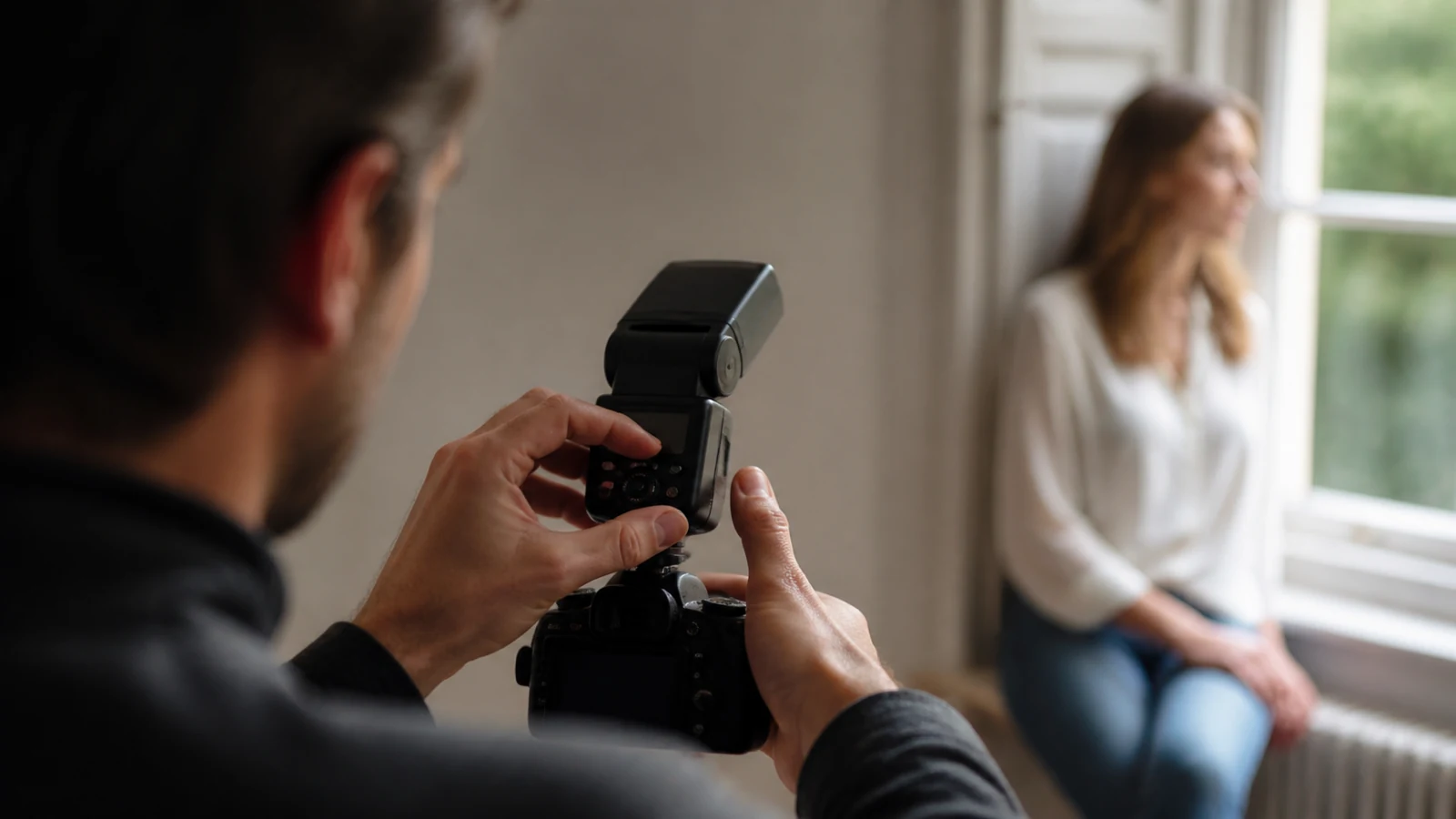 Photographer adjusting flash exposure compensation on a compact TTL flash