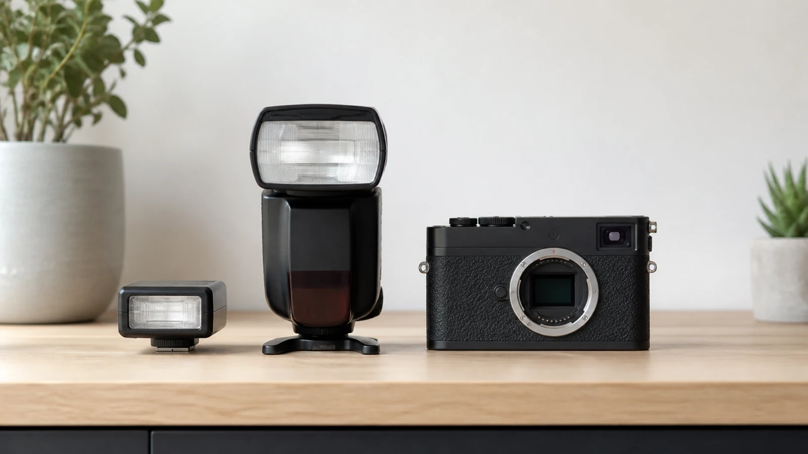 Mini flash compared with a larger speedlight beside a compact camera